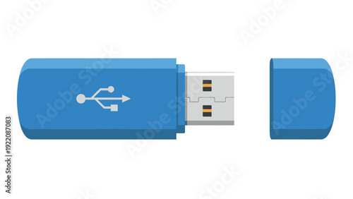 Blue USB flash drive with cap removed on white background, a compact technology gadget.
