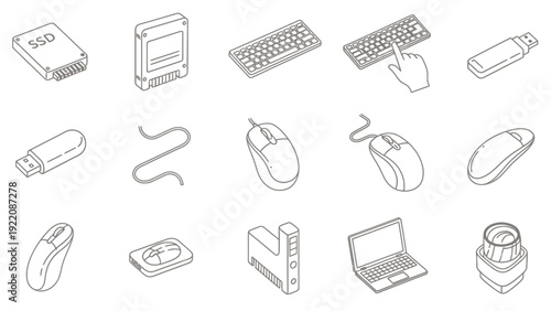 Assorted technology devices and gadgets doodle icons in flat line style.