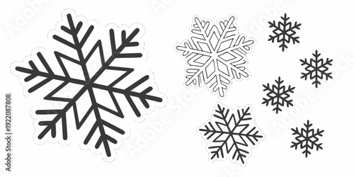 A collection of six unique snowflake designs in black and white.