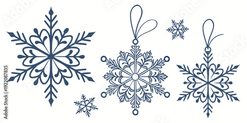 Three intricately designed snowflakes with hanging loops on a white background.