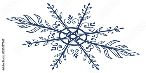Intricate blue snowflake design with symmetrical patterns and swirling elements