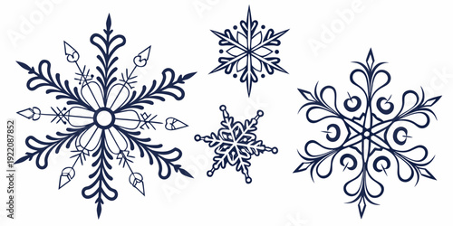 Intricate snowflakes with symmetrical patterns and delicate designs