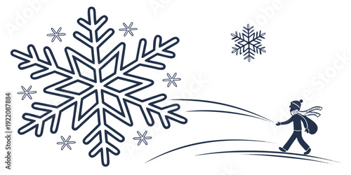 A person walking through a winter wonderland with large snowflakes falling around.