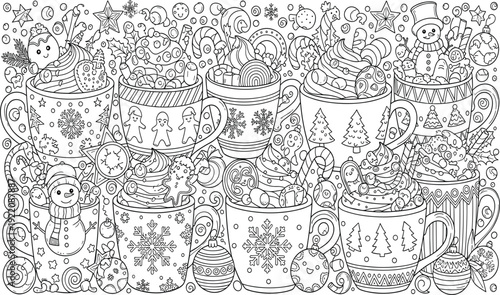 Christmas Winter Doodle Coloring Page with Hot Cocoa Cups Gingerbread Snowflakes and Festive Holiday Elements for Kids Activity and Seasonal Designs