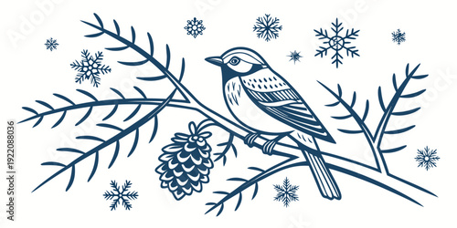 A charming illustration of a bird perched on a branch with pine cones and snowflakes