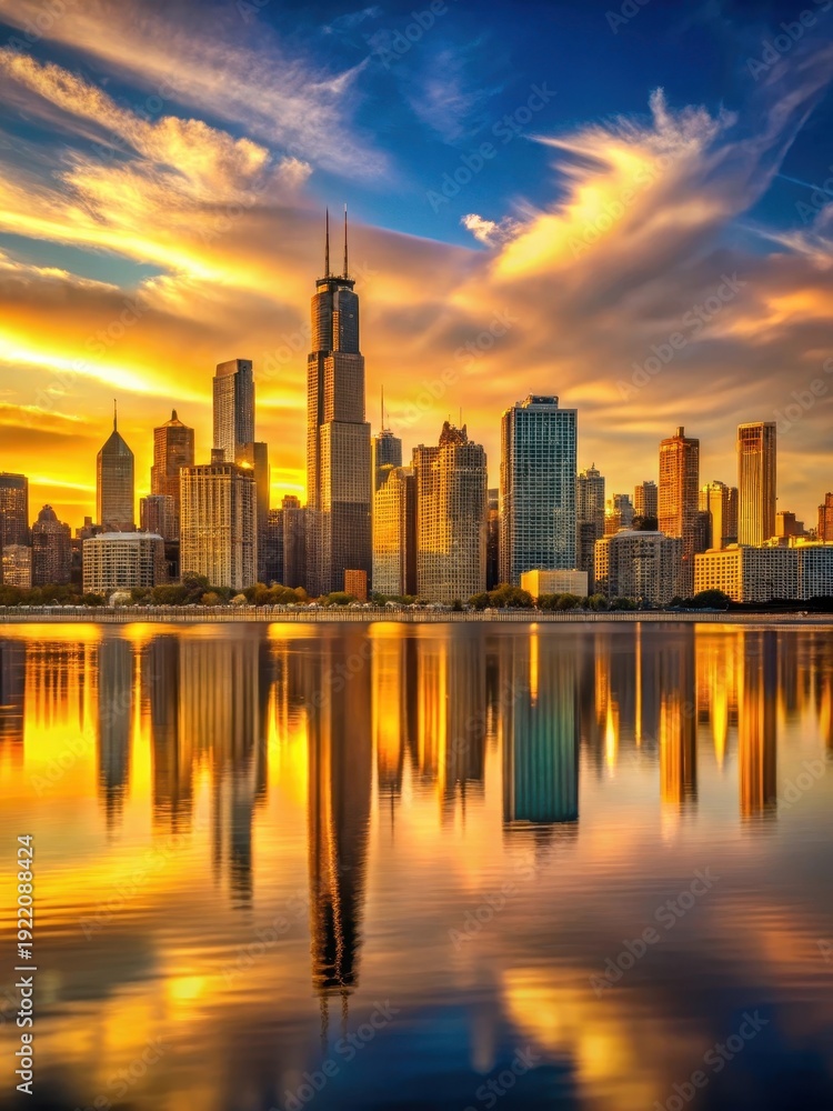 Obraz premium Chicagos majestic skyline reflects warmly on Lake Michigan at sunset, casting a golden glow across the citys skyscrapers