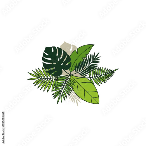 Stylized arrangement of lush tropical leaves, featuring a vibrant assortment of exotic jungle foliage in a clean botanical vector illustration for natural design projects