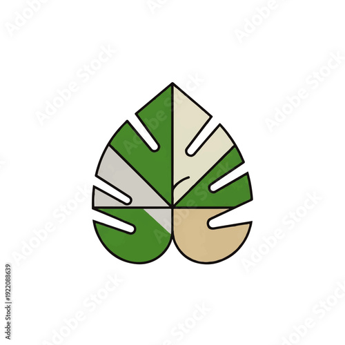 Abstract Monstera Leaf Design with Geometric Segments in Green, Beige, and White Tones, Representing Nature and Modern Aesthetics