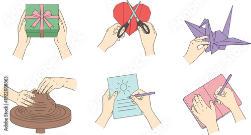 Hands engaged in various hobbies and crafts including origami pottery writing gift wrapping and paper cutting vector illustration set on white background.