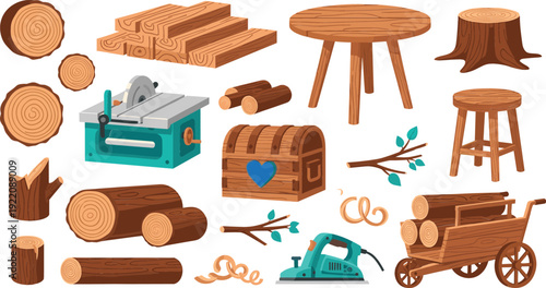 Carpentry and woodworking vector set featuring lumber logs saw table furniture wooden chest and tools for timber industry craft and DIY workshop projects.