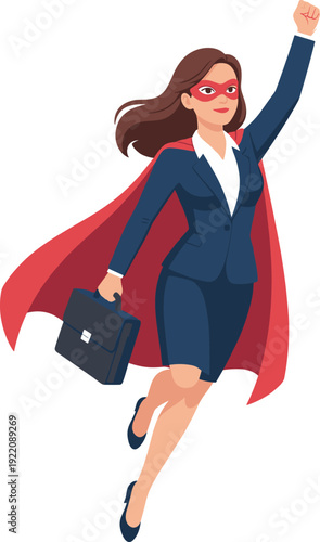 Successful Businesswoman Superhero Vector Illustration Featuring Professional Woman in Blue Suit and Red Cape Flying with Briefcase Isolated on White for Career Empowerment Concepts