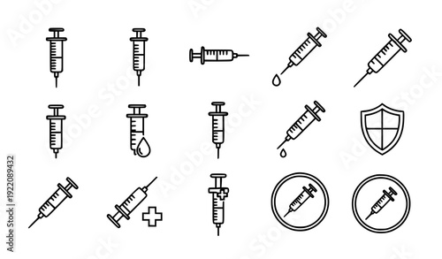 Syringe Medical Line Icons Set Vaccination and Healthcare Vector Collection