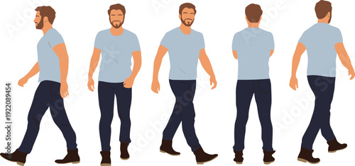Vector set of a young bearded man walking in casual t-shirt and jeans showing front side and back views for character animation and design