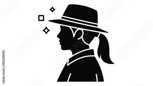 A black silhouette of a person wearing a hat isolated on white background, Vector