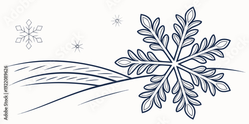 A delicate and intricate line drawing of a single snowflake with swirling patterns