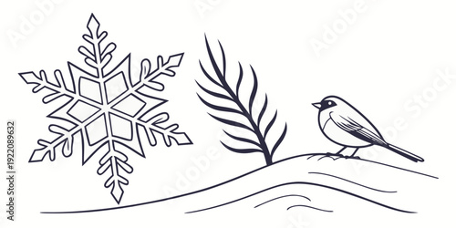 A delicate snowflake and a small bird perched on a branch in a winter scene