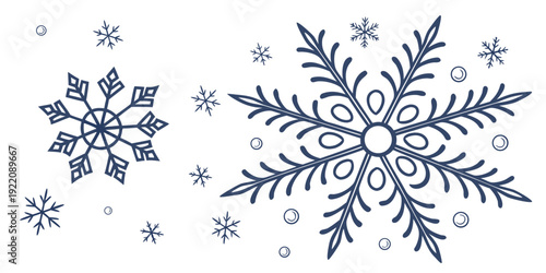 Intricate blue snowflakes with delicate patterns and scattered snowflakes around them