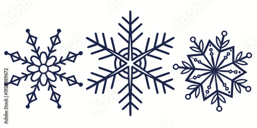 Three distinct snowflakes showcasing intricate patterns and unique designs.