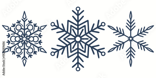 Three distinct snowflakes showcasing intricate and unique icy patterns.