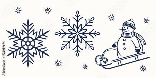 A whimsical winter scene featuring snowflakes and a snowman sledding