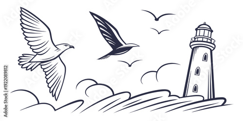 Seagulls flying over a lighthouse on a rocky shore with waves crashing.