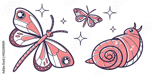Three colorful butterflies and a snail in a whimsical illustration