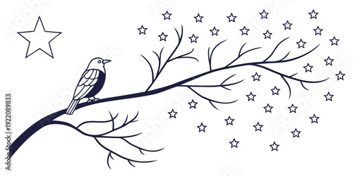 A whimsical illustration of a bird perched on a branch adorned with stars