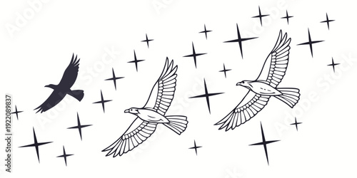 Three birds flying against a starry night sky with one bird leading the way