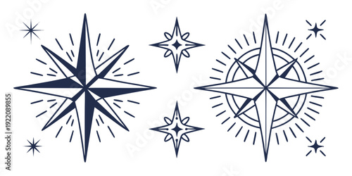 A collection of compasses and stars in a minimalist black and white design.