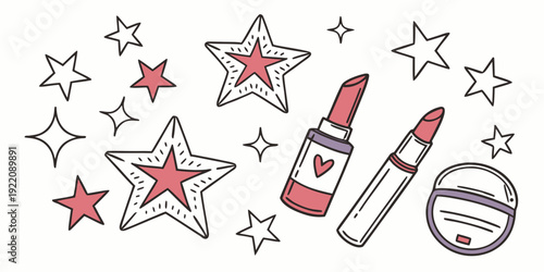 A whimsical illustration featuring lipstick, stars, and a heart