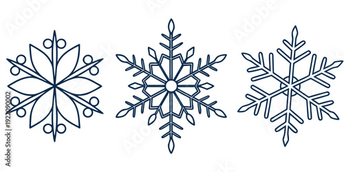 Three distinct snowflakes showcasing the intricate beauty of winter's frozen artistry.