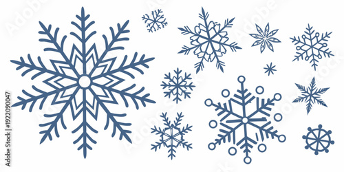 A variety of intricate snowflakes with unique patterns and shapes displayed against a white background