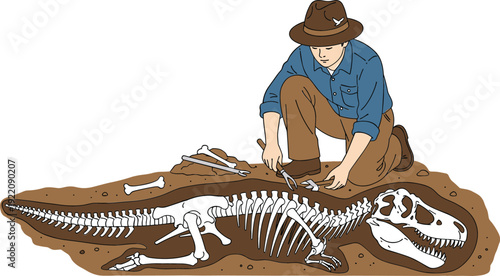 Professional paleontologist kneeling in dirt while carefully excavating a prehistoric dinosaur fossil skeleton using tools for archaeological research and science education.