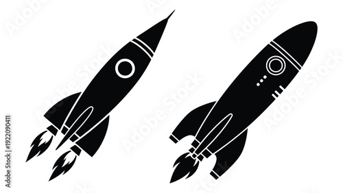 Two black and white rockets flying side by side in the sky isolated on white background, Vector