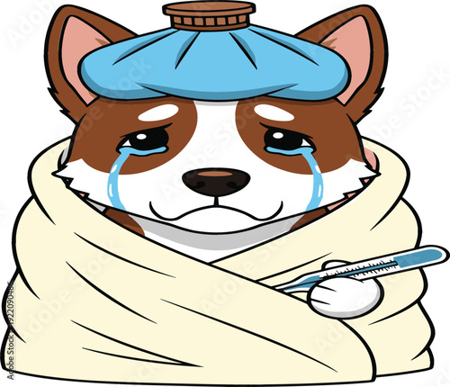 Cute sick dog mascot character wrapped in a blanket with an ice pack on head and thermometer for pet health and veterinary care.