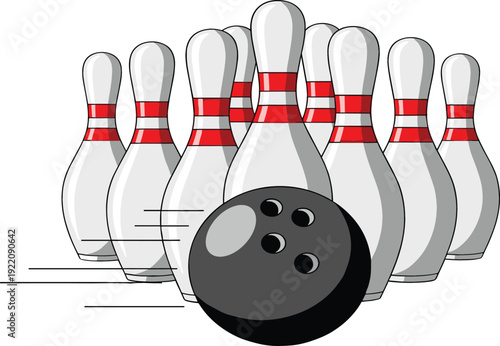 Black bowling ball rolling towards white pins with red stripes for sports competition leisure activity and ten pin bowling tournament game concepts.