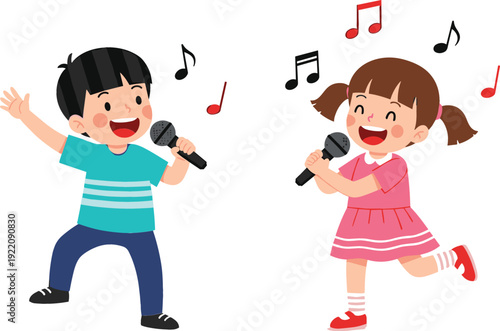 Happy young boy and girl singing into microphones with musical notes for children education, karaoke party, talent show, and kindergarten performance.