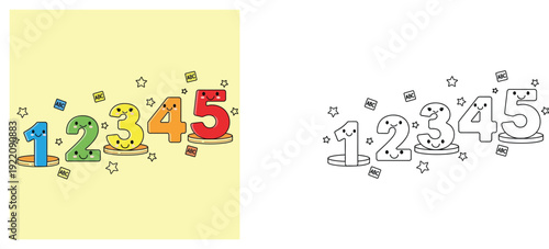 Cute Kawaii Numbers 1 to 5 Cartoon Characters Set with Coloring Page Version, Educational Math Counting Illustration for Kids, School Learning Vector Art with Stars and ABC Blocks