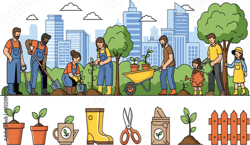 Community Gardening and Urban Farming Illustration with People Planting Trees, Watering Plants, and Garden Tools in City Park Environment Vector Design