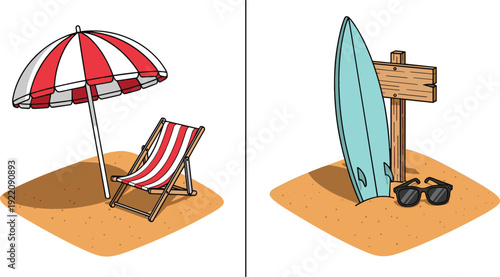 Summer beach vacation set featuring red striped umbrella and lounge chair next to surfboard with wooden sign and sunglasses on sandy shore.