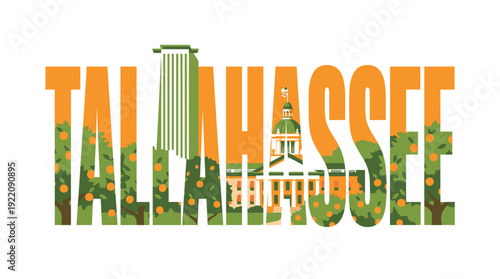 Tallahassee Florida city name typography with landmarks vector illustration
