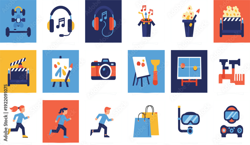 Fototapeta premium Hobby and Entertainment Icon Set with Music Fitness Painting Photography Gaming Shopping and Movie Symbols for Lifestyle and Activity Design