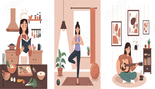 Healthy Lifestyle Illustration Set with Cooking Yoga and Playing Guitar at Home for Wellness Routine, Self Care, and Daily Life Balance Concepts