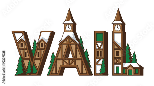 Vail Colorado text logo with alpine village architecture vector illustration