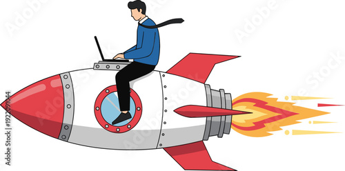 Ambitious businessman sitting on a fast flying space rocket while working on a laptop for startup growth digital transformation and career success.