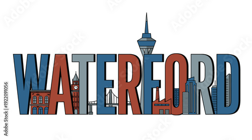 Waterford city typographic logo with skyline landmarks vector illustration