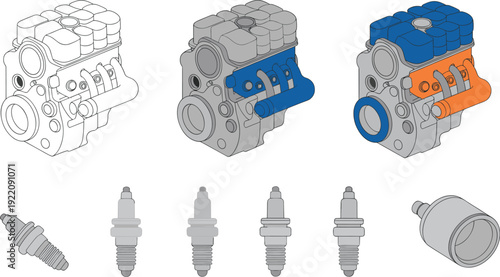 Car engine and spark plug set, automotive mechanical parts illustration isolated on white background for repair service design