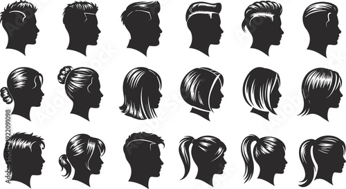 Collection of male and female hairstyle silhouettes, modern haircuts vector set, beauty salon profile icons illustration