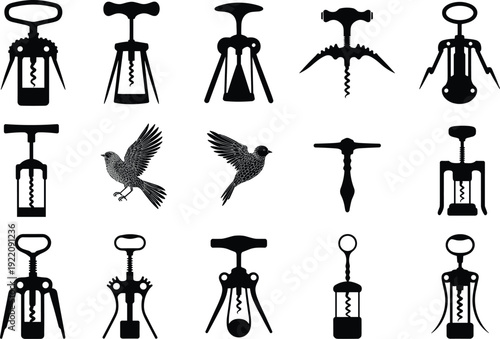 Corkscrew collection with winged wine openers and bird illustrations, vintage bar tool silhouettes isolated on white background