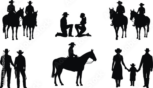 Cowboy silhouettes collection, western riders on horseback, ranch family and proposal scene isolated vector illustration set